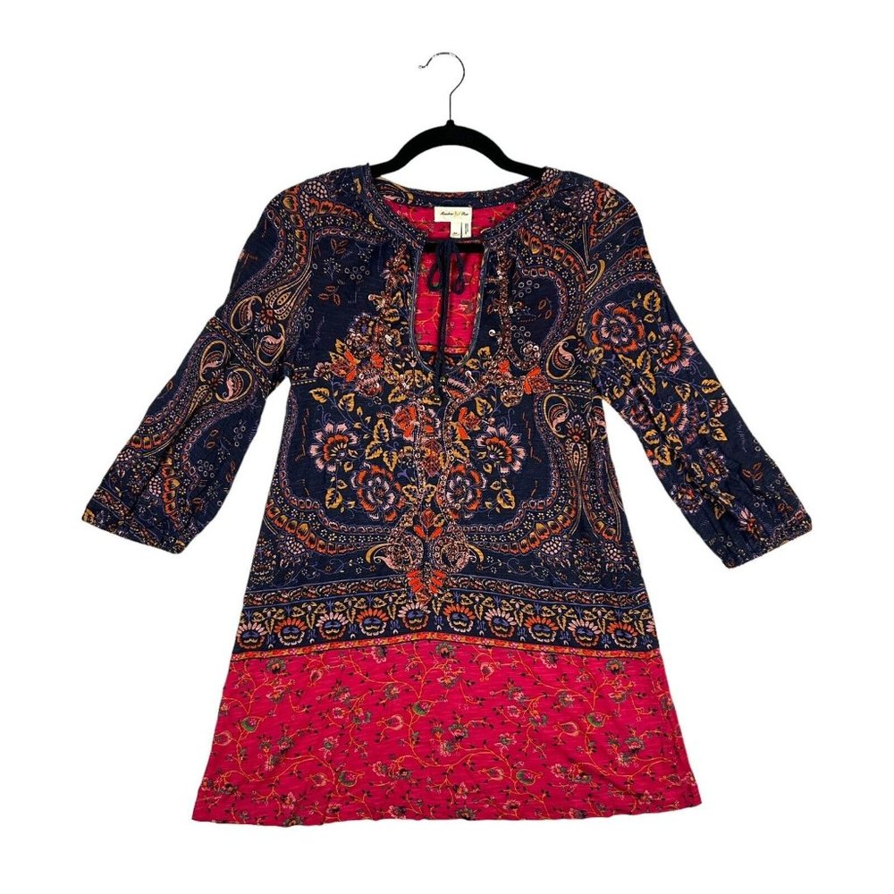 Anthropologie Meadow Rue Womens XS Boho Paisley Arabesque Beaded Tunic Colorful